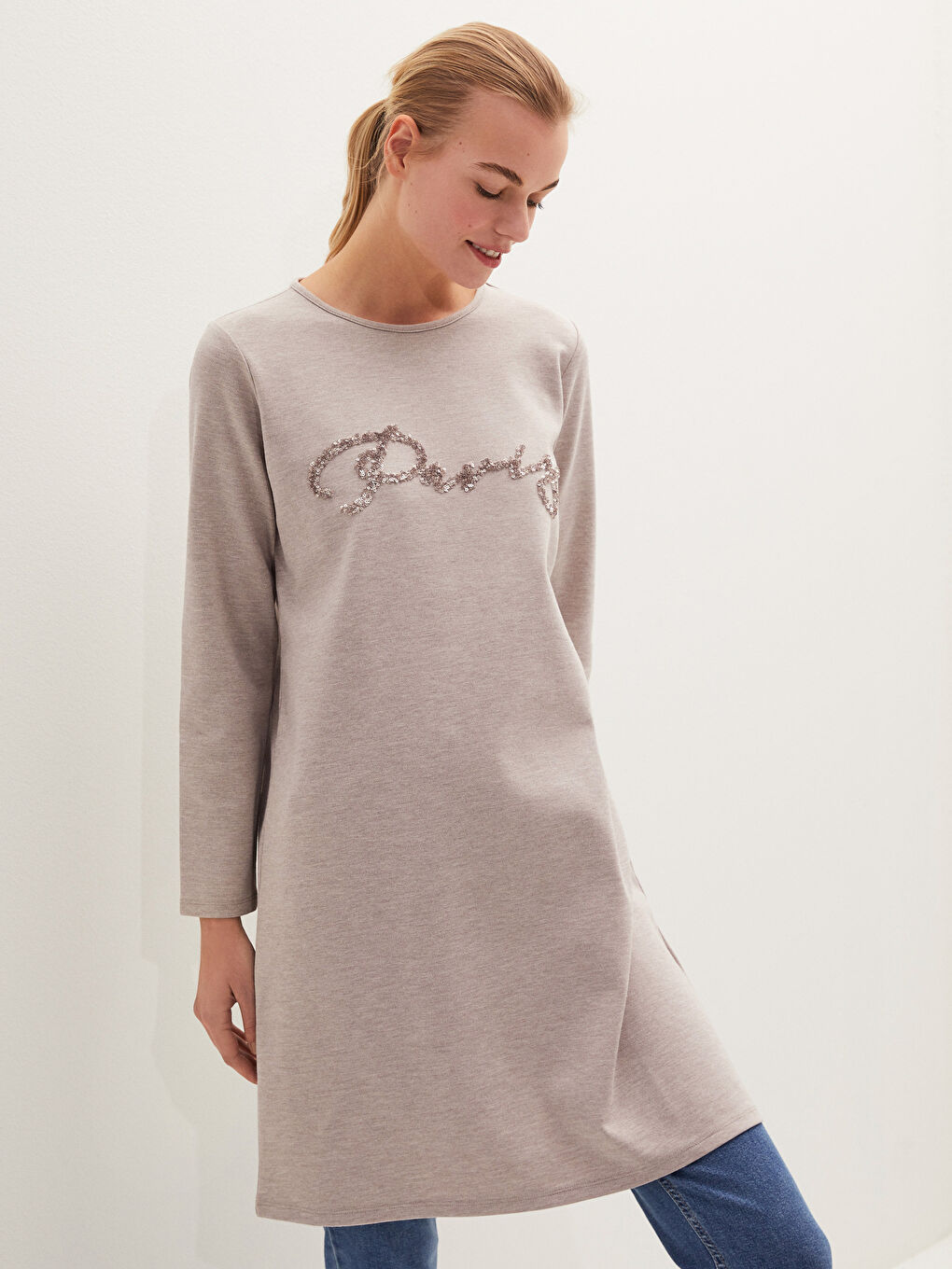 Bej Bisiklet Yaka Pul Payetli Uzun Kollu Kadın Tunik