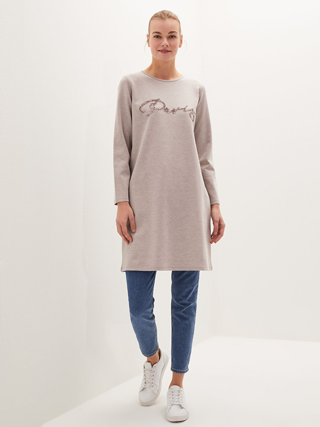 Bej Bisiklet Yaka Pul Payetli Uzun Kollu Kadın Tunik-1