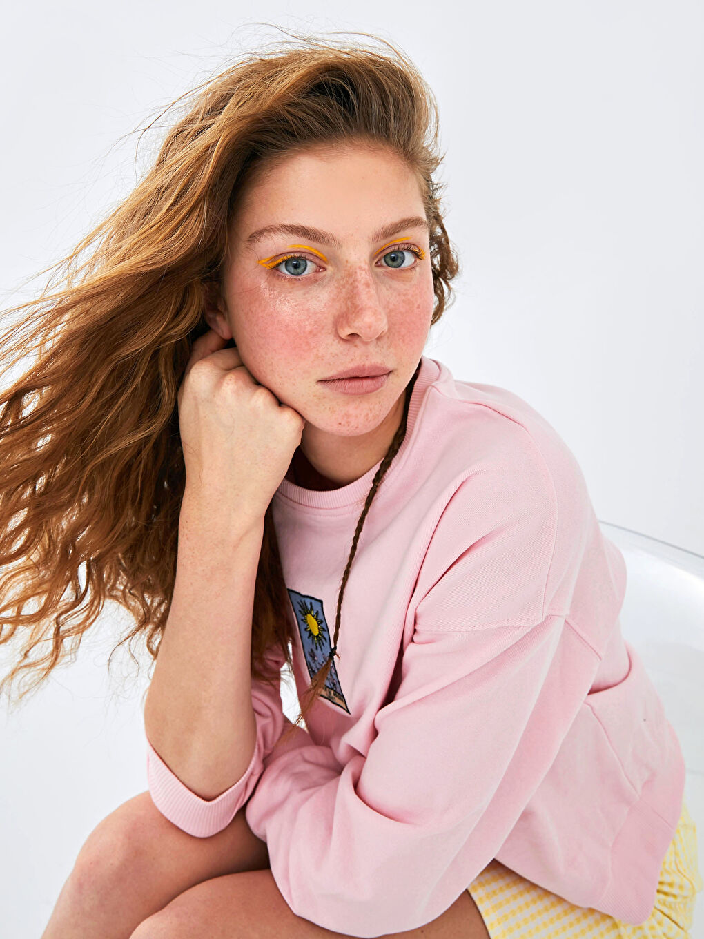 Pembe Bisiklet Yaka Baskılı Kalın Sweatshirt-1