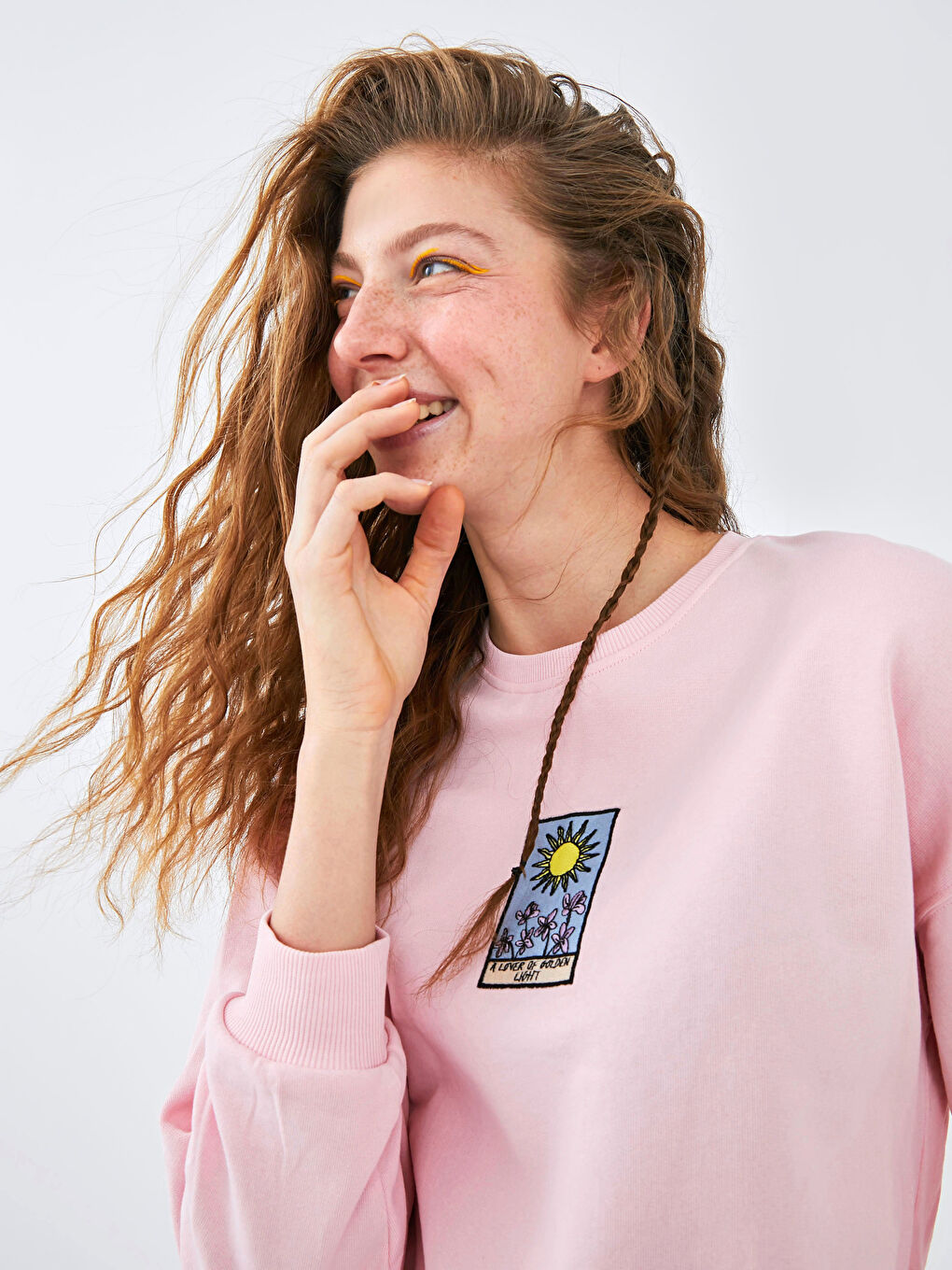 Pembe Bisiklet Yaka Baskılı Kalın Sweatshirt-3