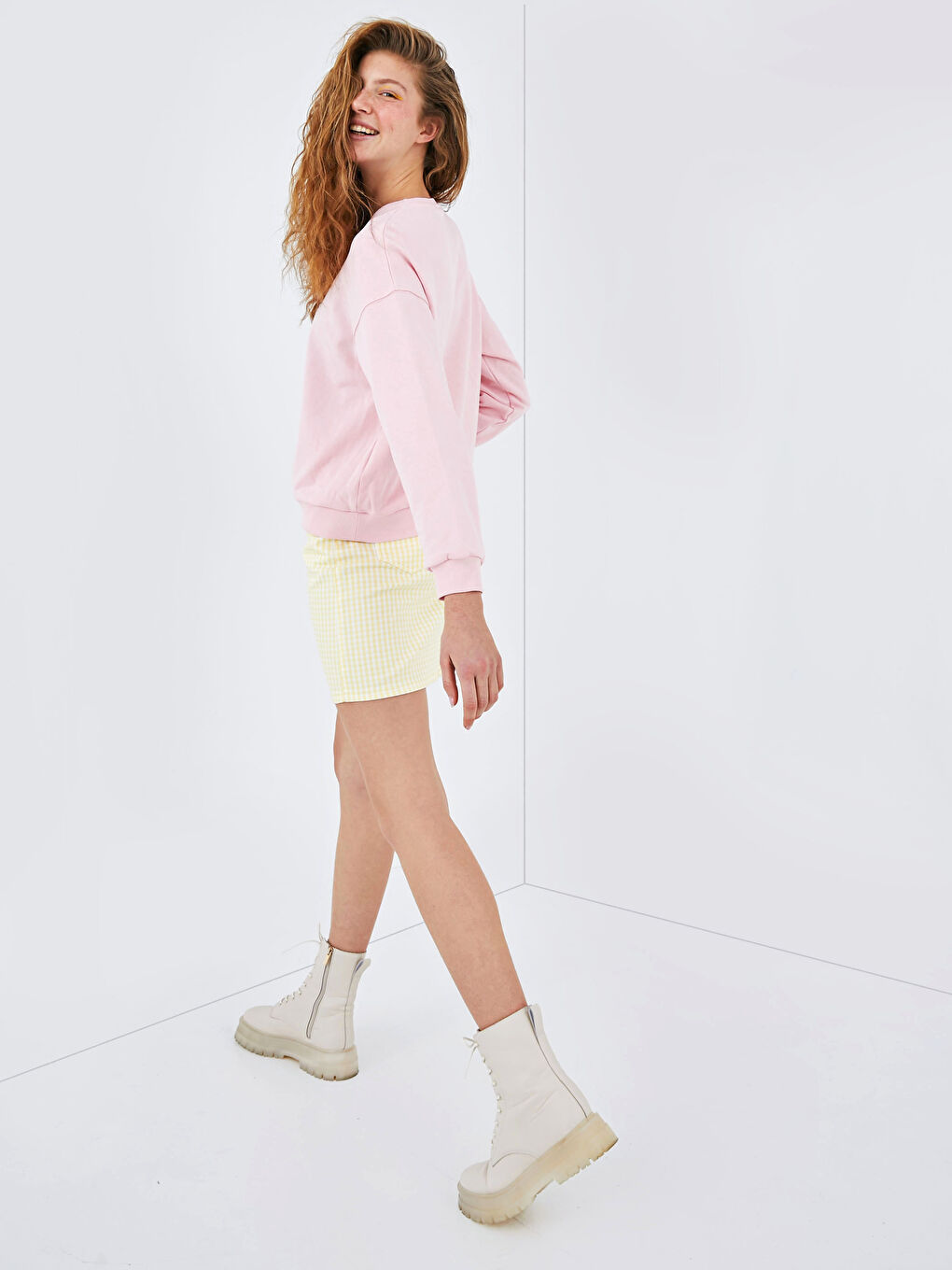 Pembe Bisiklet Yaka Baskılı Kalın Sweatshirt-5