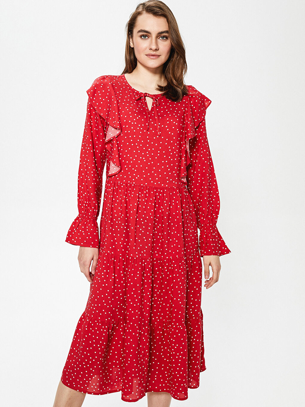 Tie Collar Polka Dot Pattern Long Sleeve Viscose Women's Dress-1