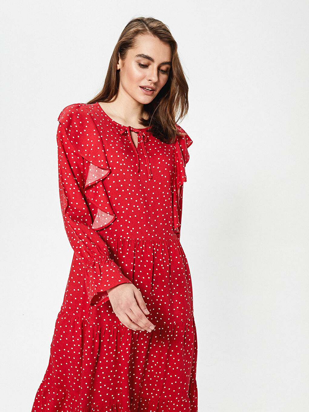 Tie Collar Polka Dot Pattern Long Sleeve Viscose Women's Dress-2