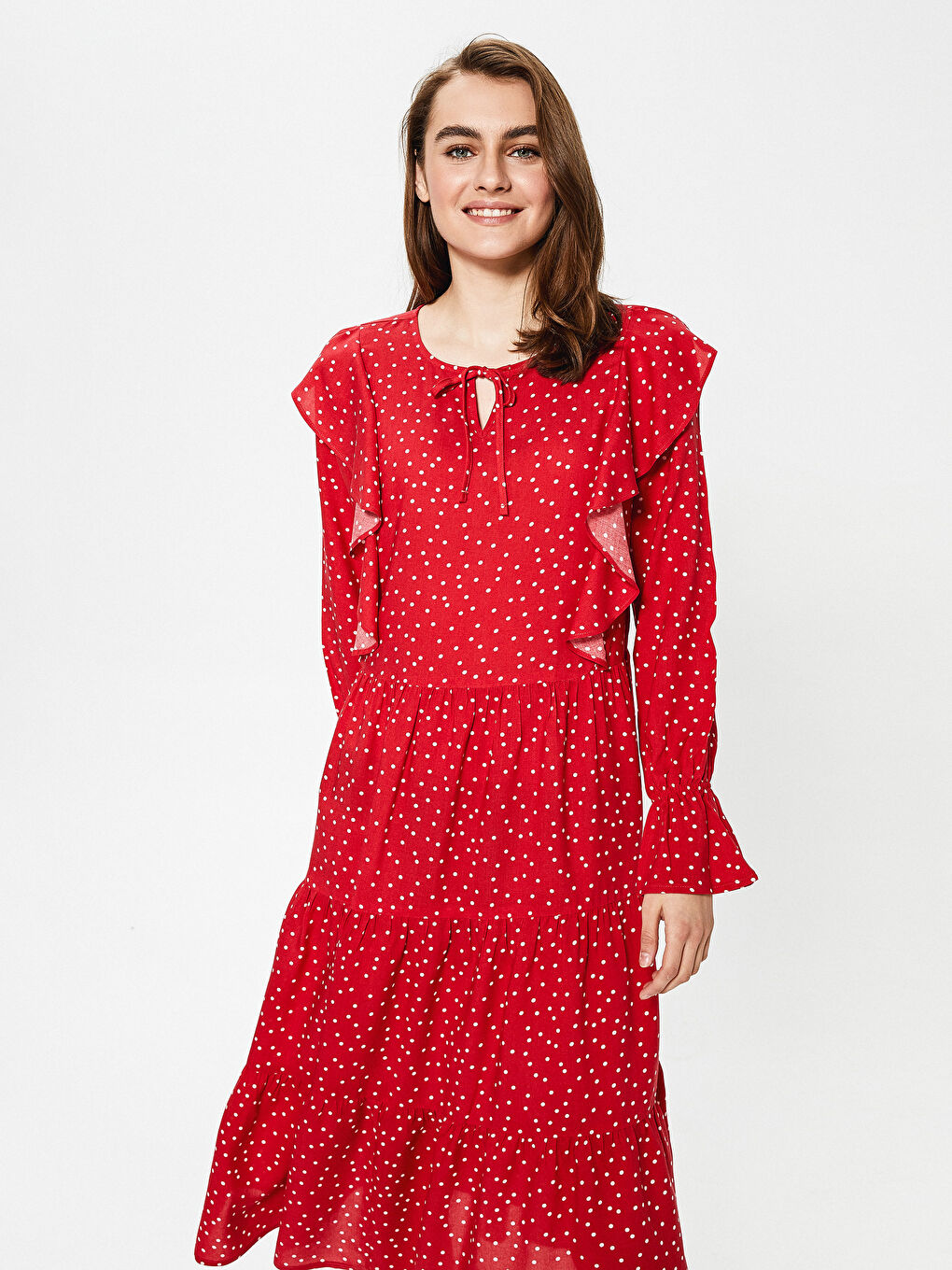 Tie Collar Polka Dot Pattern Long Sleeve Viscose Women's Dress-3