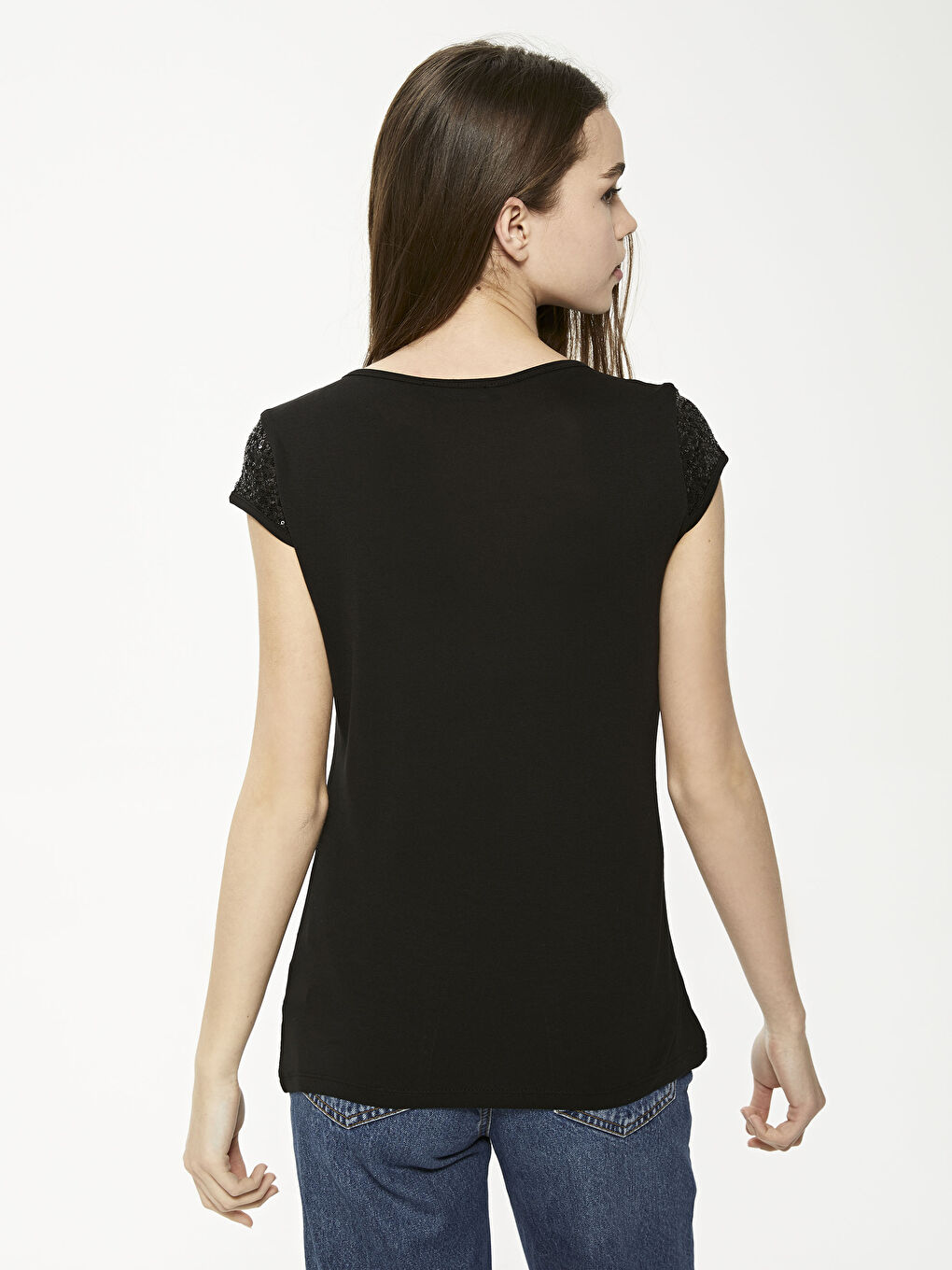 Μπλούζα T-Shirt Γυναικεία Βισκόζη με Κοντό Μανίκι και Λαιμόκοψη Crew με Παγιέτες-4