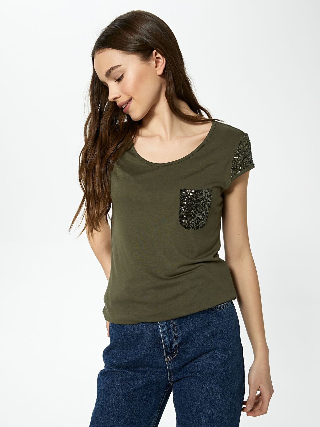 Футболка с круглым вырезом, пайетками, коротким рукавом из вискозы для женщин