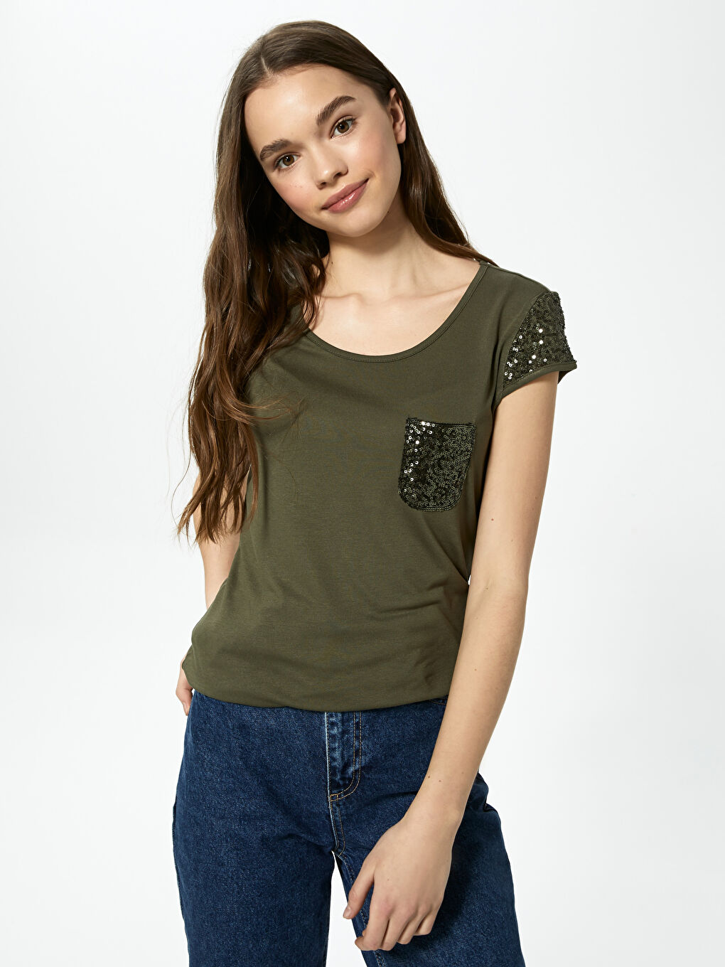 Футболка с круглым вырезом, пайетками, коротким рукавом из вискозы для женщин-1