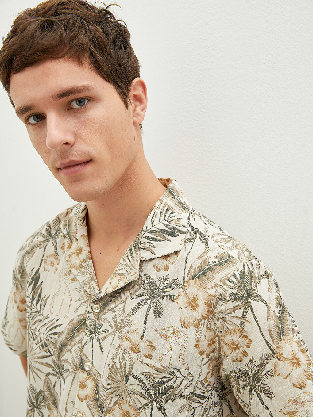 Resort Collar Short Sleeve Patterned Linen Men's Shirt-2