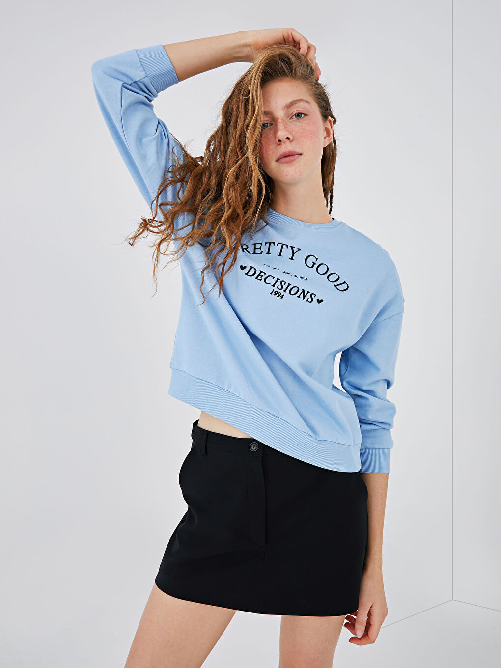 Sweat-shirt à manches longues imprimé avec slogan et col rond pour Femmes