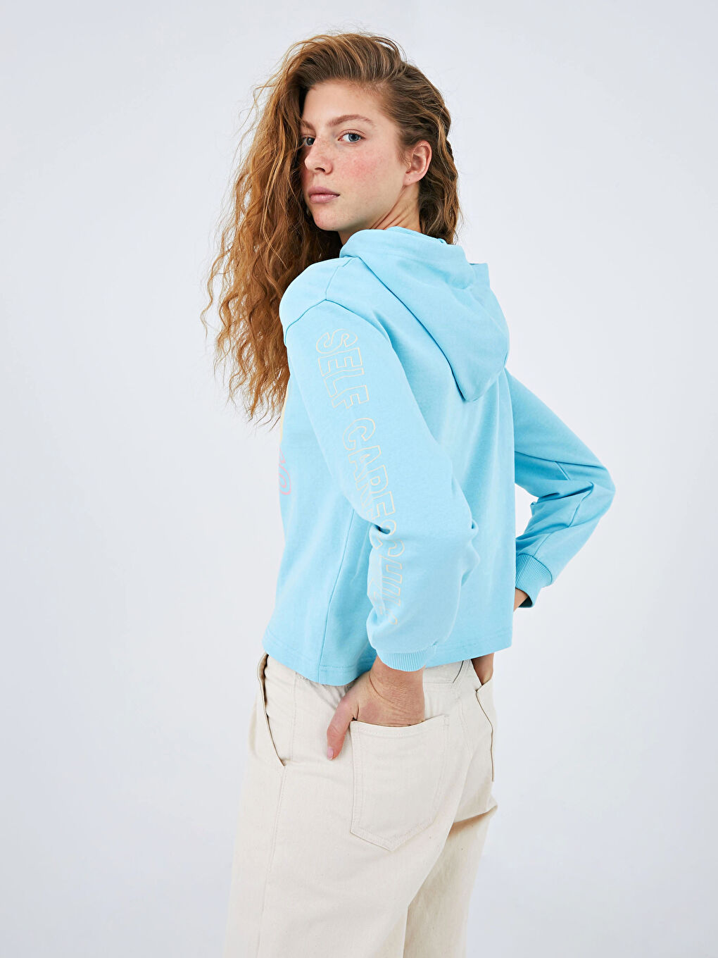 Mavi Baskılı Uzun Kollu Kadın Hoodie-5