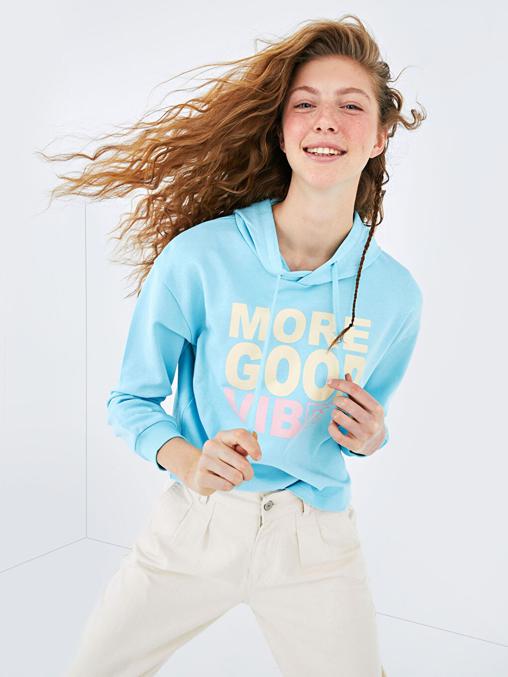 Mavi Baskılı Uzun Kollu Kadın Hoodie