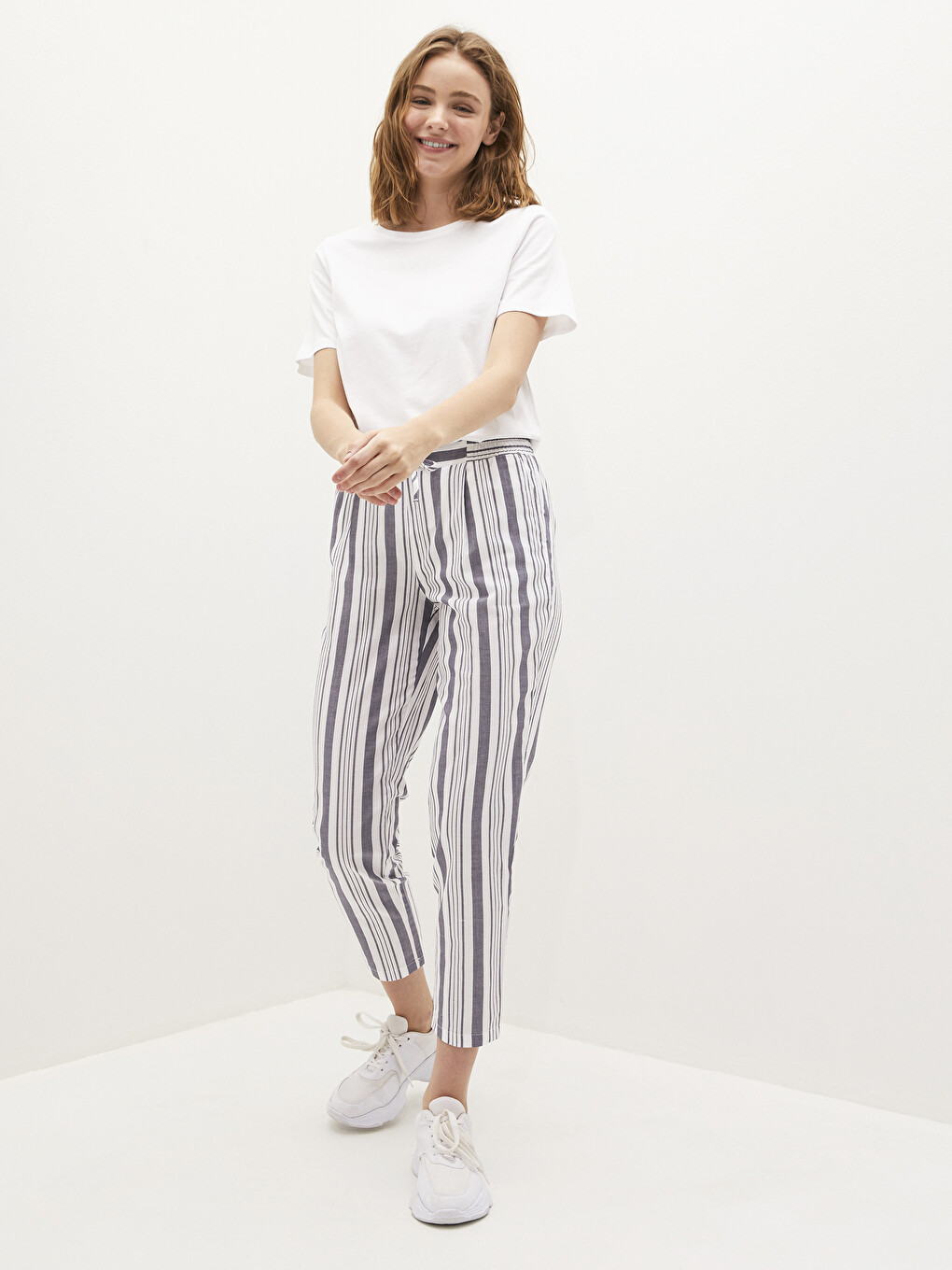 Elastic Waist Striped Carrot Fit Trousers