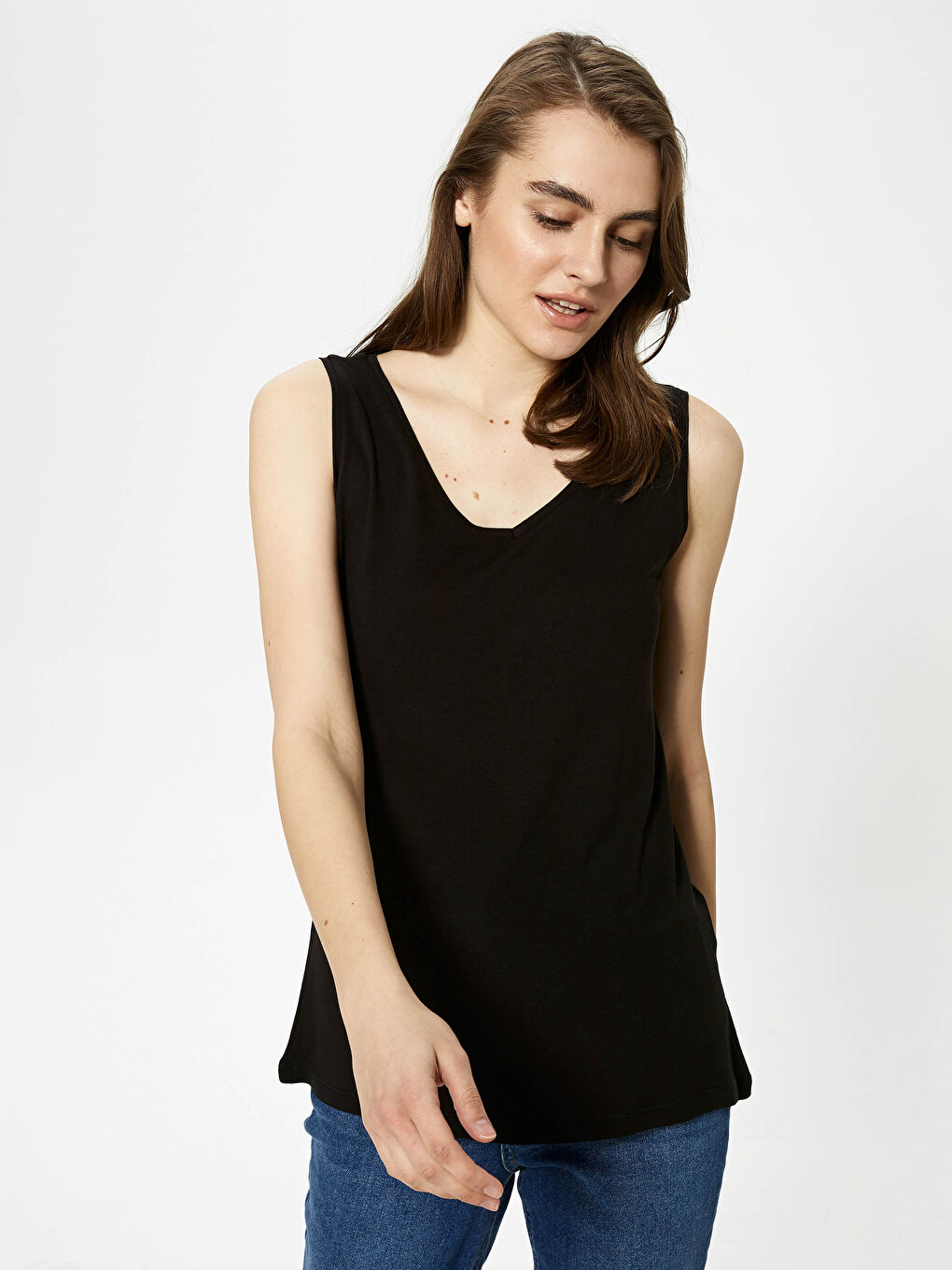 Siyah Kadın V Yaka Düz Atlet-1