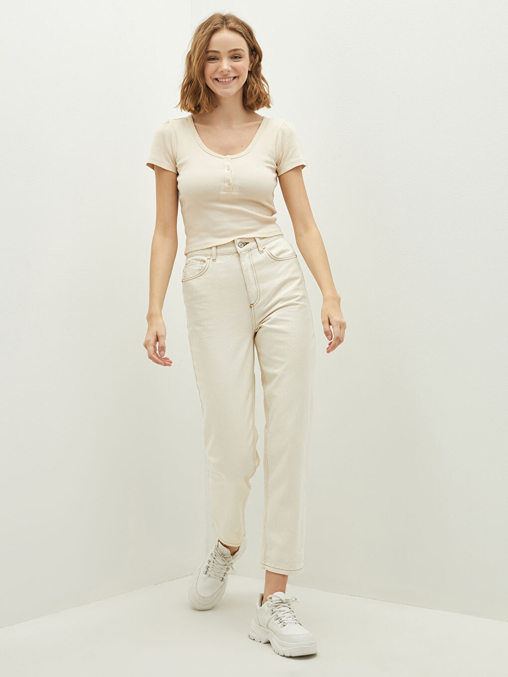 U Neck Straight Button Detailed Short Sleeve Camisole Fabric Women Blouse-4