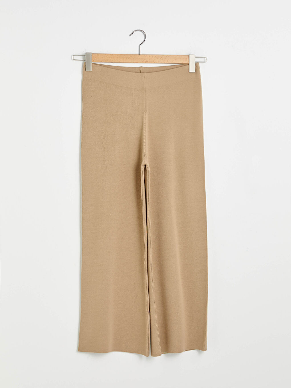 Bej Beli Lastikli Geniş Paça Triko Pantolon-5