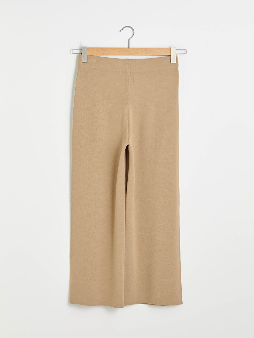 Bej Beli Lastikli Geniş Paça Triko Pantolon-6