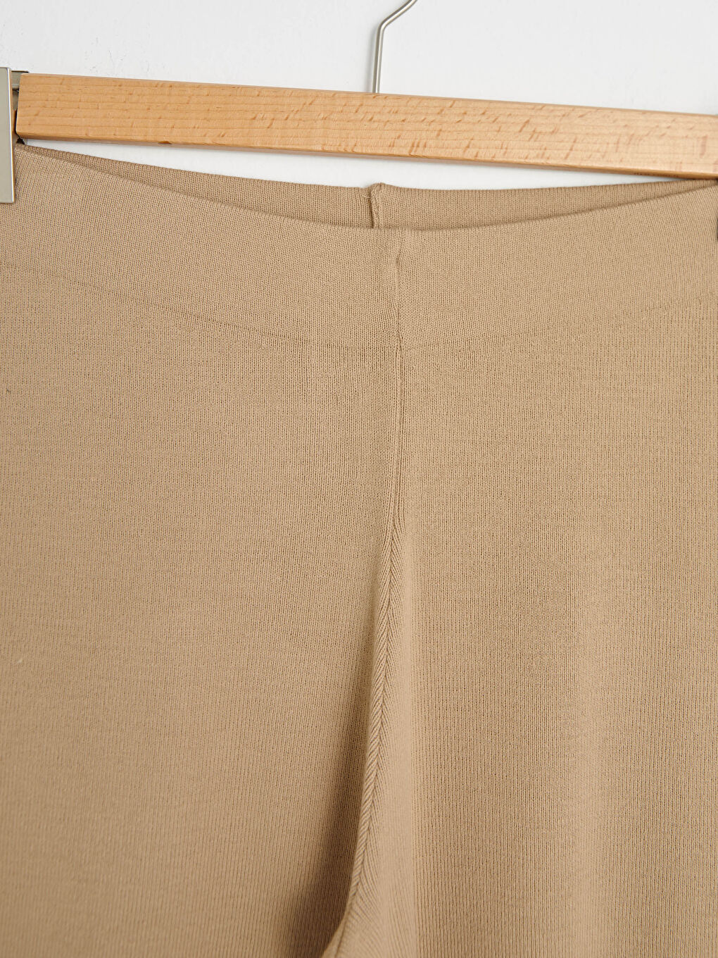 Bej Beli Lastikli Geniş Paça Triko Pantolon-7