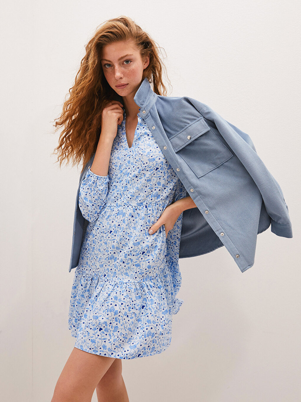 Henley Neckline Patterned Long Sleeve Viscose Women's Dress-3