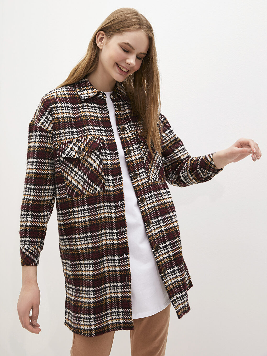 LCW Modest Pocket Detailed Oversize Plaid Shirt Tunic -S1DN64Z8-LLM