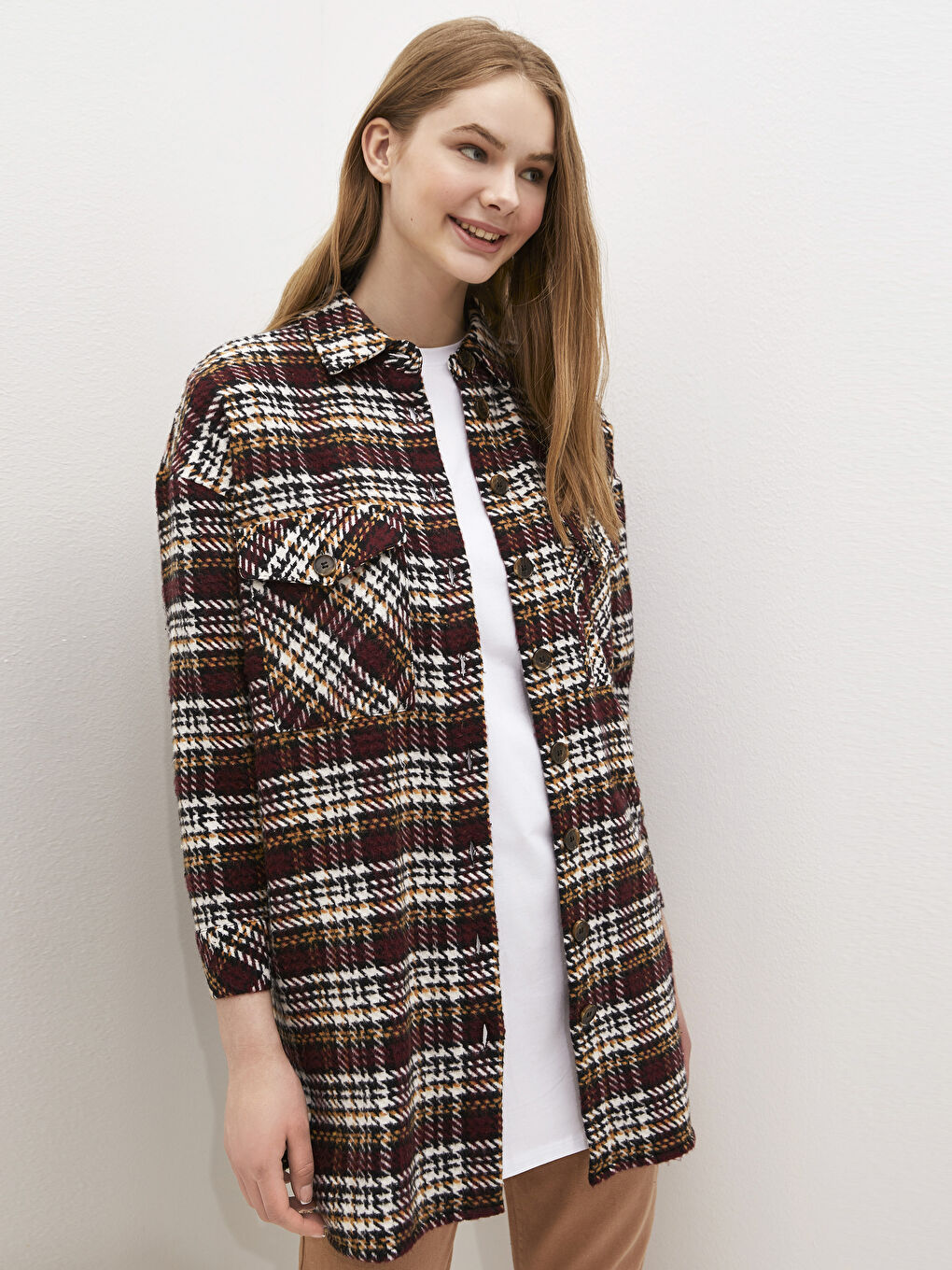 LCW Modest Pocket Detailed Oversize Plaid Shirt Tunic -S1DN64Z8-LLM