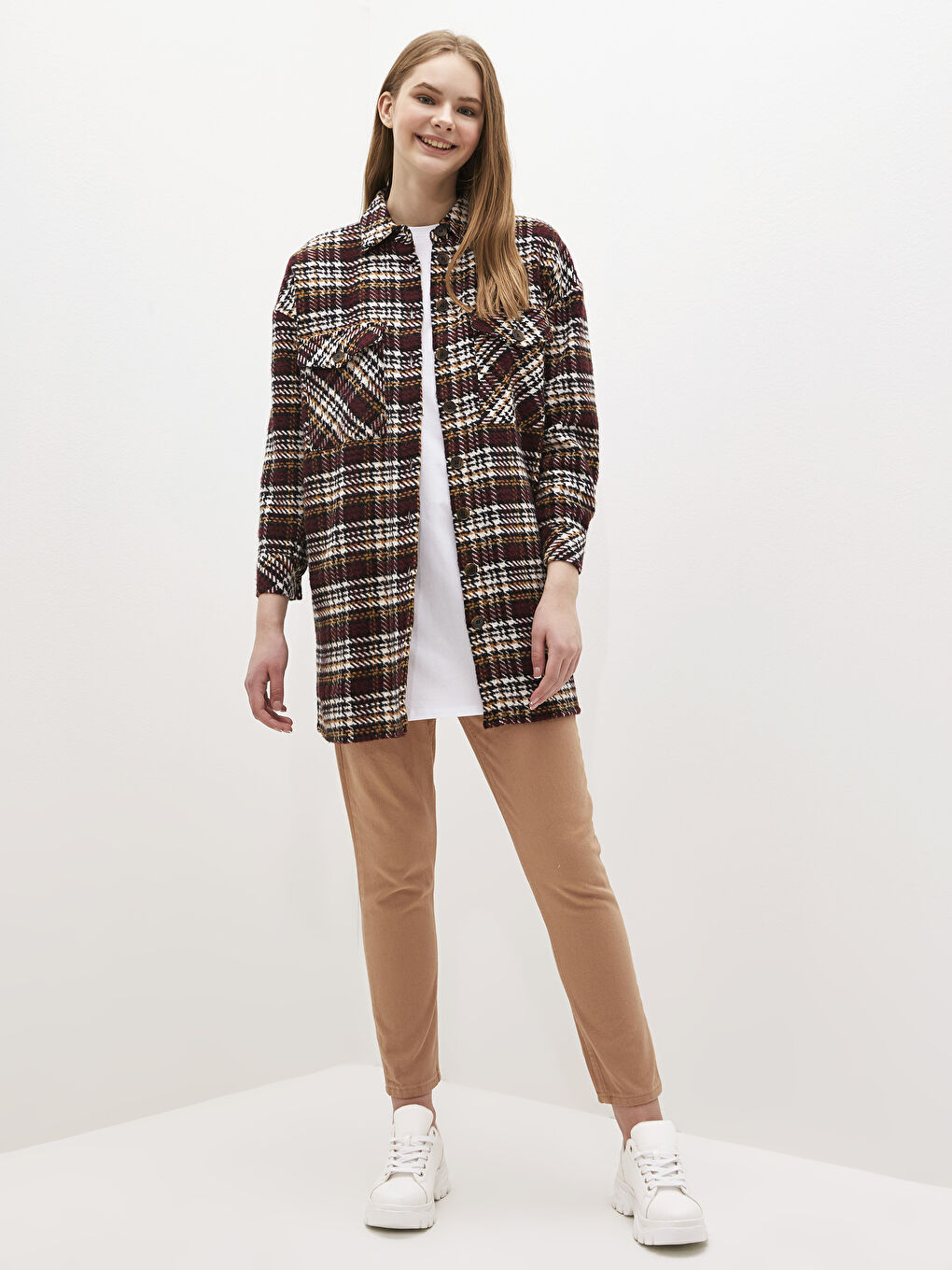 LCW Modest Pocket Detailed Oversize Plaid Shirt Tunic -S1DN64Z8-LLM