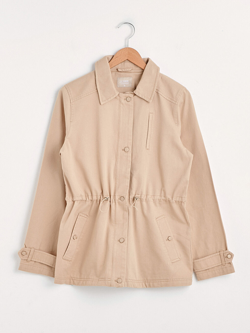 Bej Ceket Yaka Cep Detaylı Uzun Kollu Kadın Trençkot-5