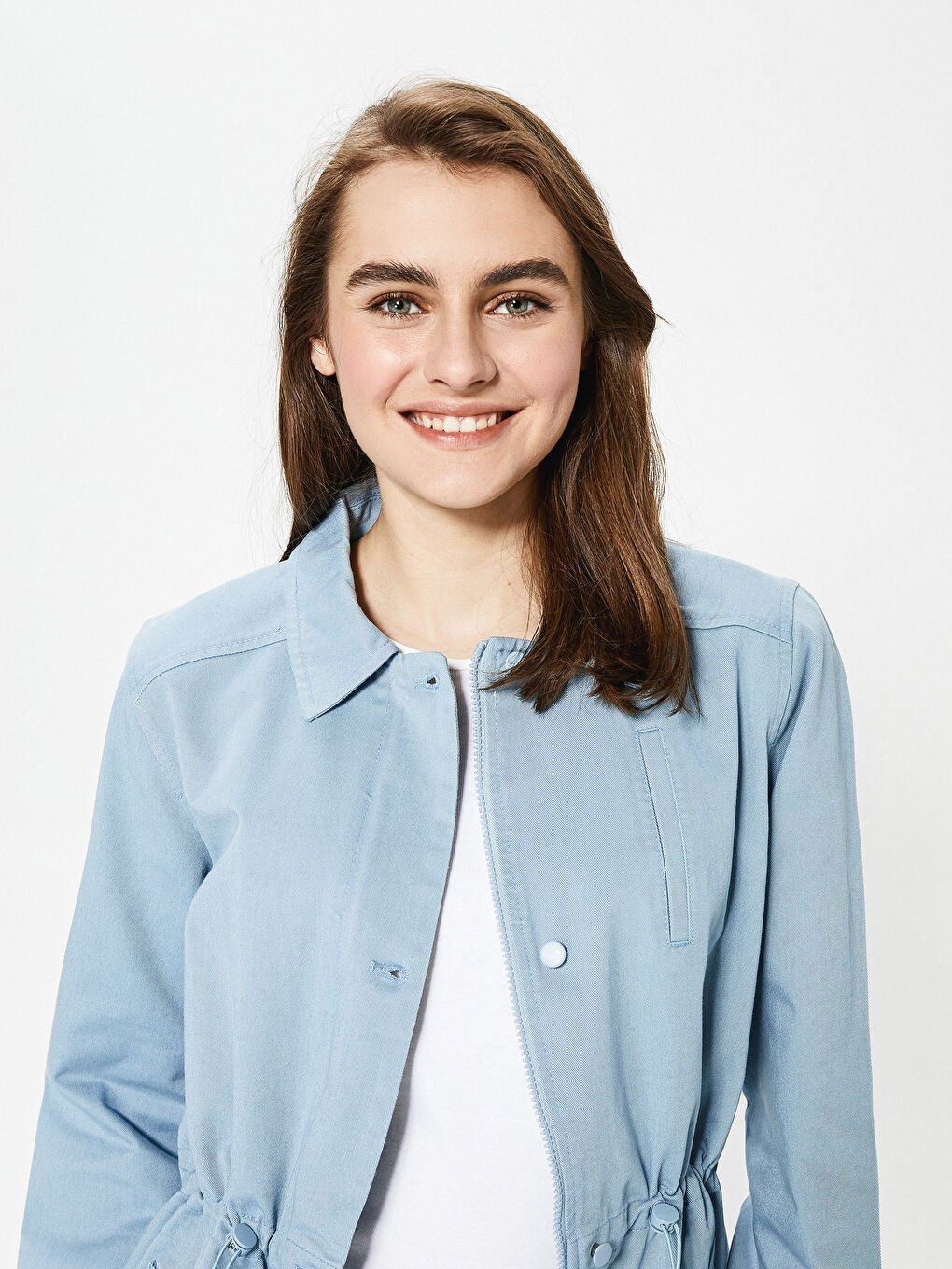 Mavi Ceket Yaka Cep Detaylı Uzun Kollu Kadın Trençkot-2