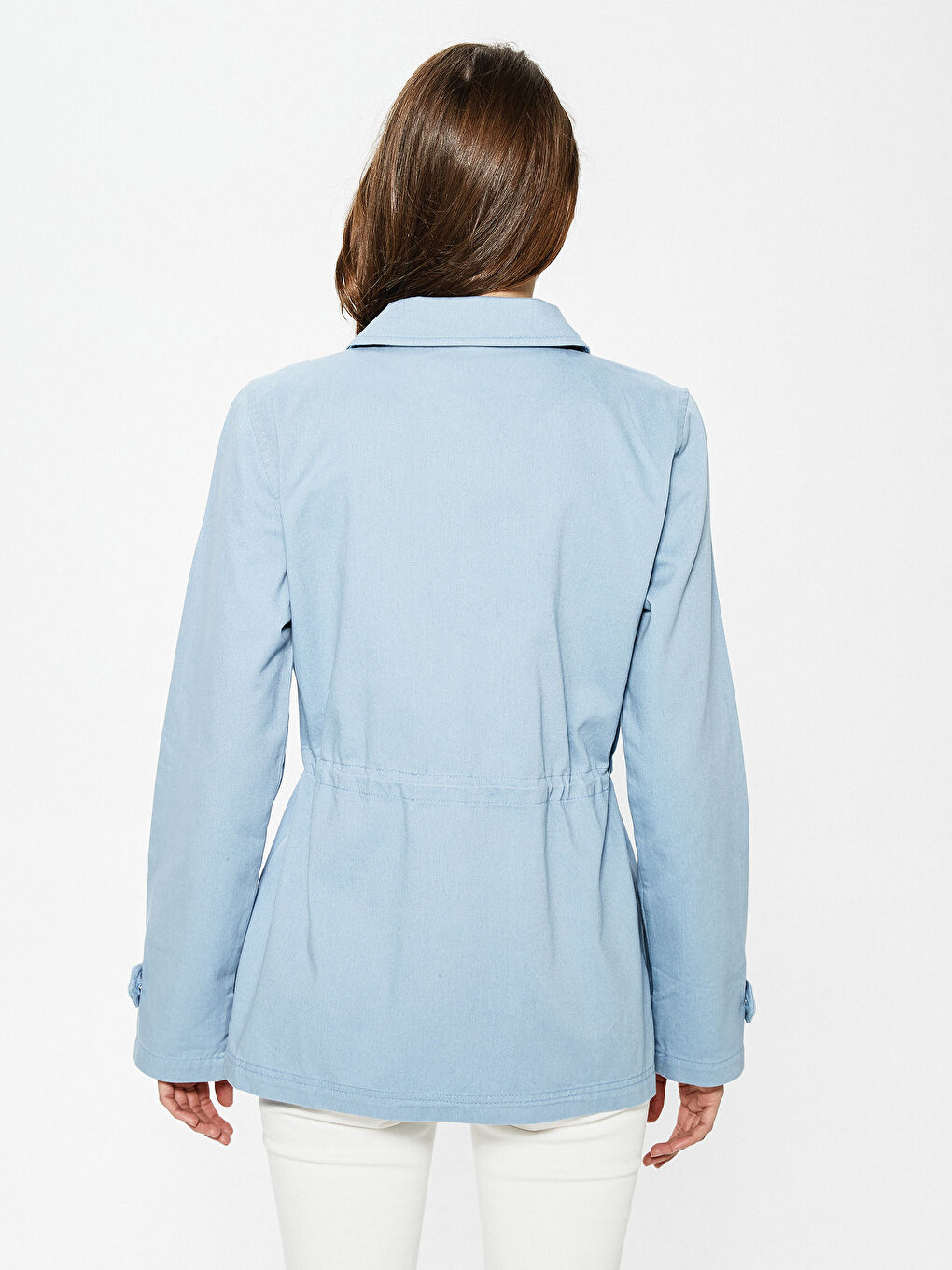 Mavi Ceket Yaka Cep Detaylı Uzun Kollu Kadın Trençkot-4