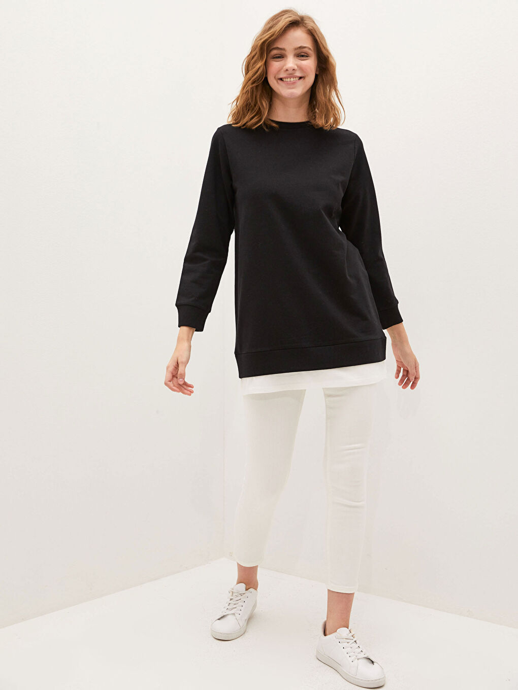 Crew Neck Plain Long Sleeve Women's Sweatshirt Tunic-2