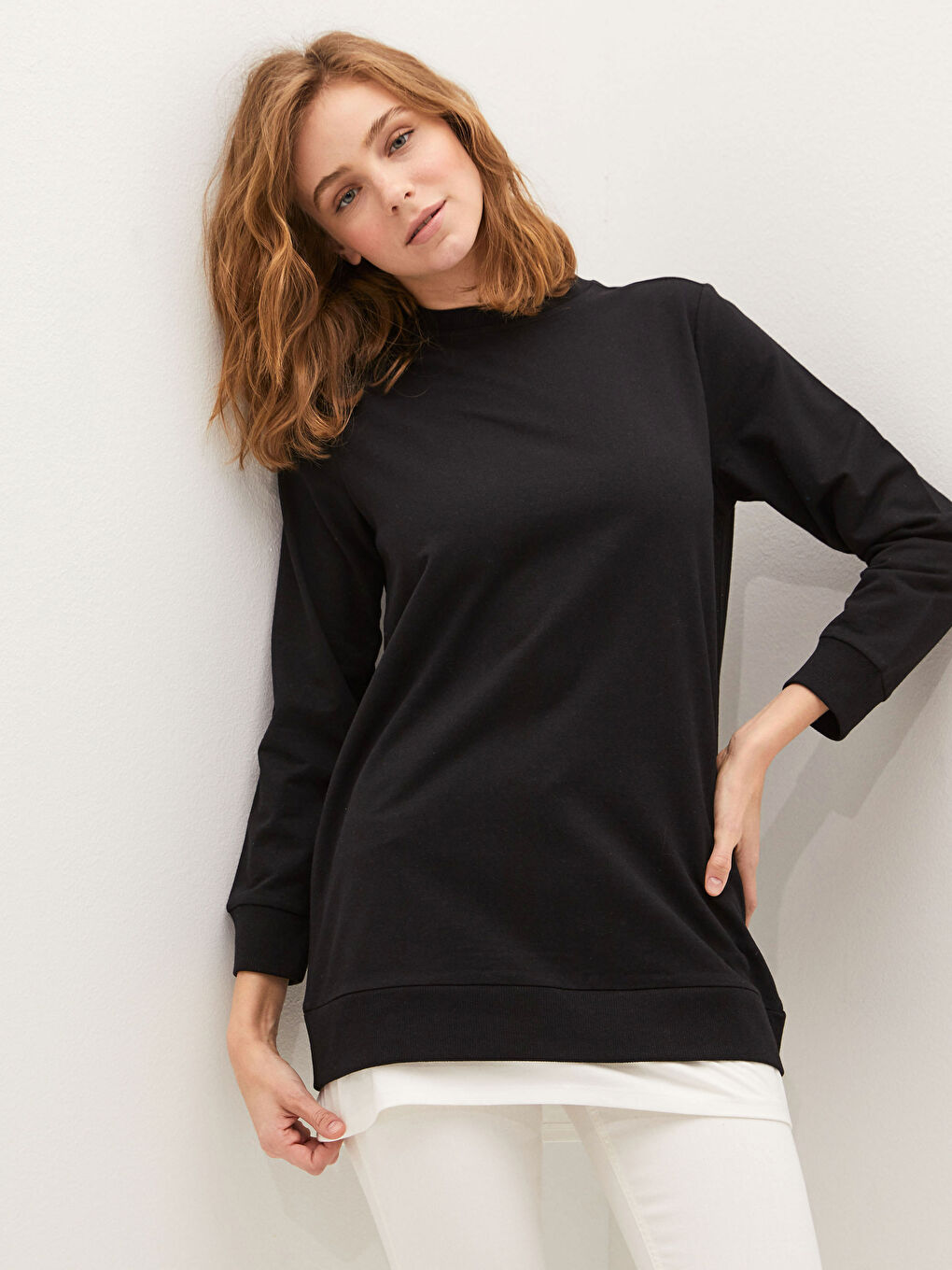 Crew Neck Plain Long Sleeve Women's Sweatshirt Tunic-4