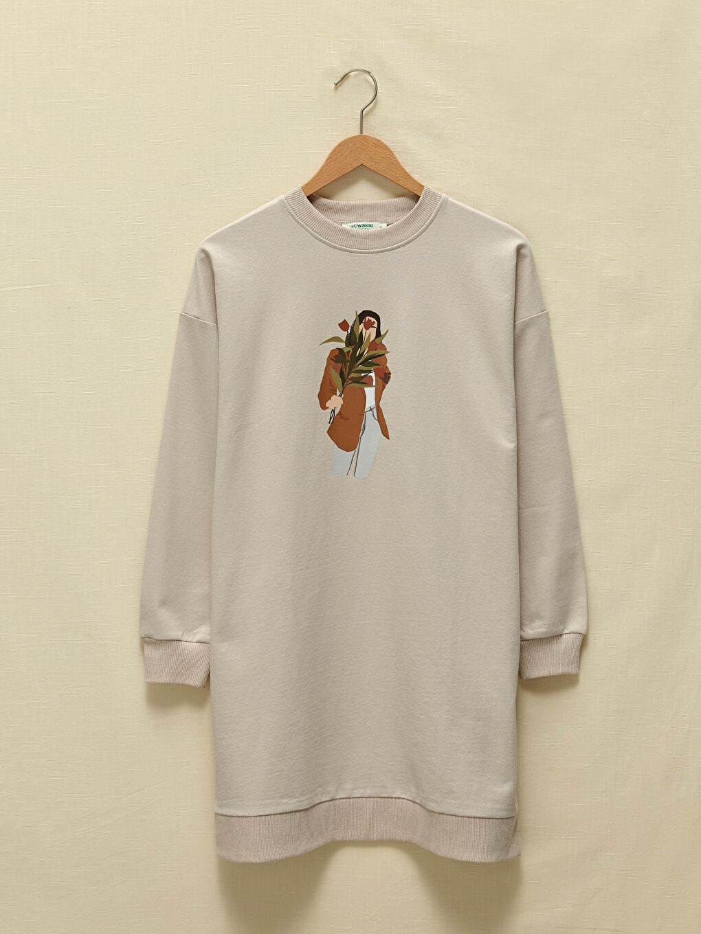 Bej Bisiklet Yaka Baskılı Uzun Kollu Kadın Sweatshirt Tunik-5