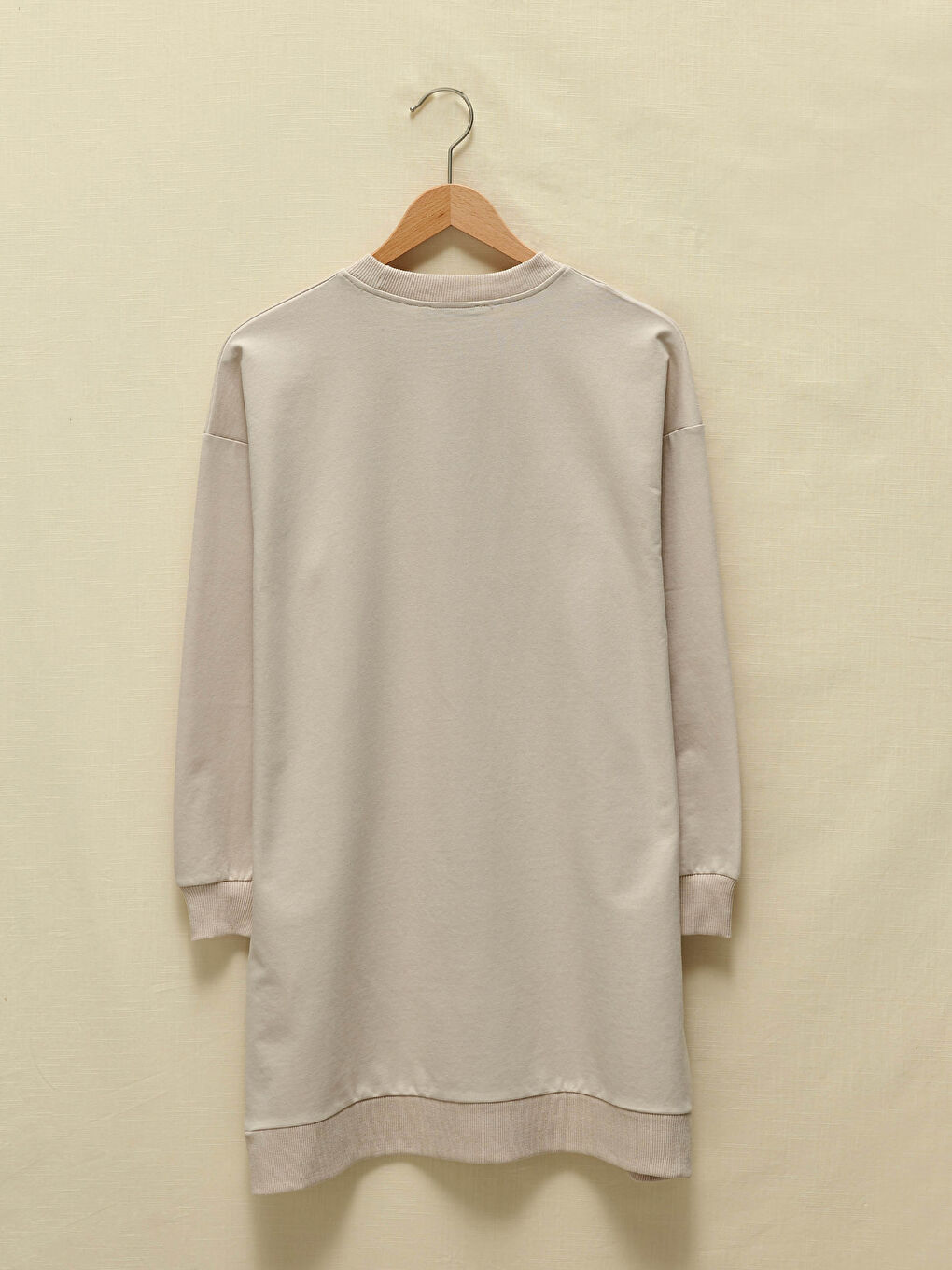 Bej Bisiklet Yaka Baskılı Uzun Kollu Kadın Sweatshirt Tunik-6