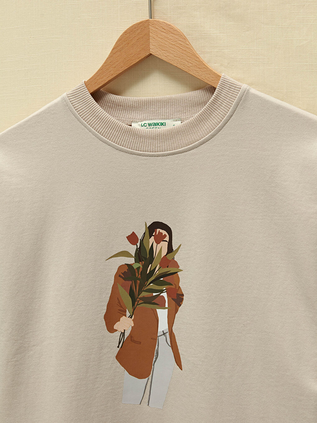 Bej Bisiklet Yaka Baskılı Uzun Kollu Kadın Sweatshirt Tunik-7