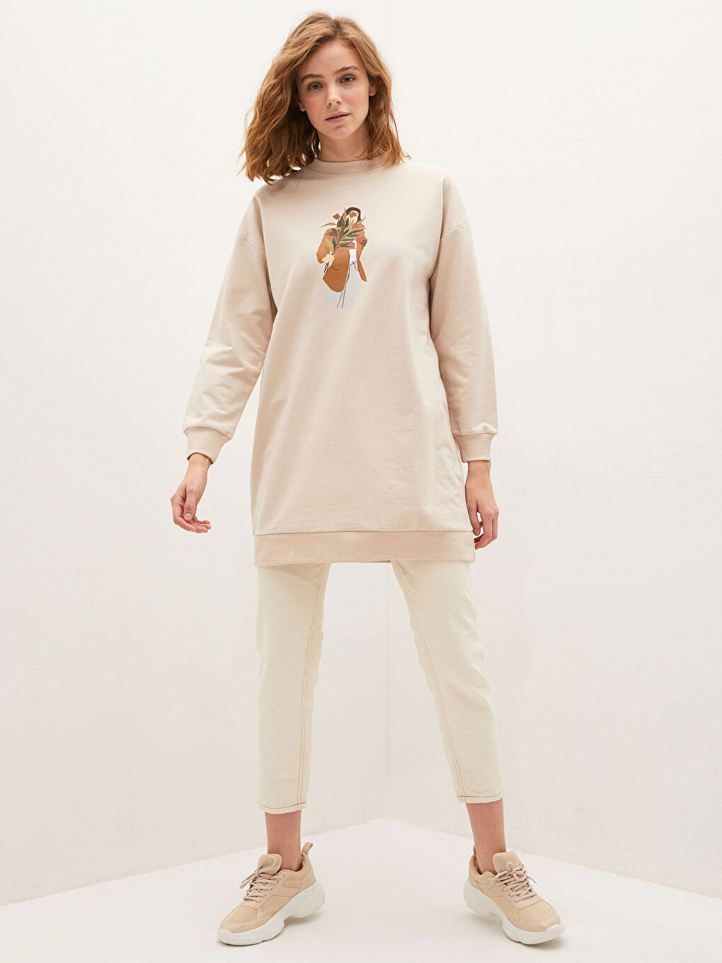 Bej Bisiklet Yaka Baskılı Uzun Kollu Kadın Sweatshirt Tunik-2