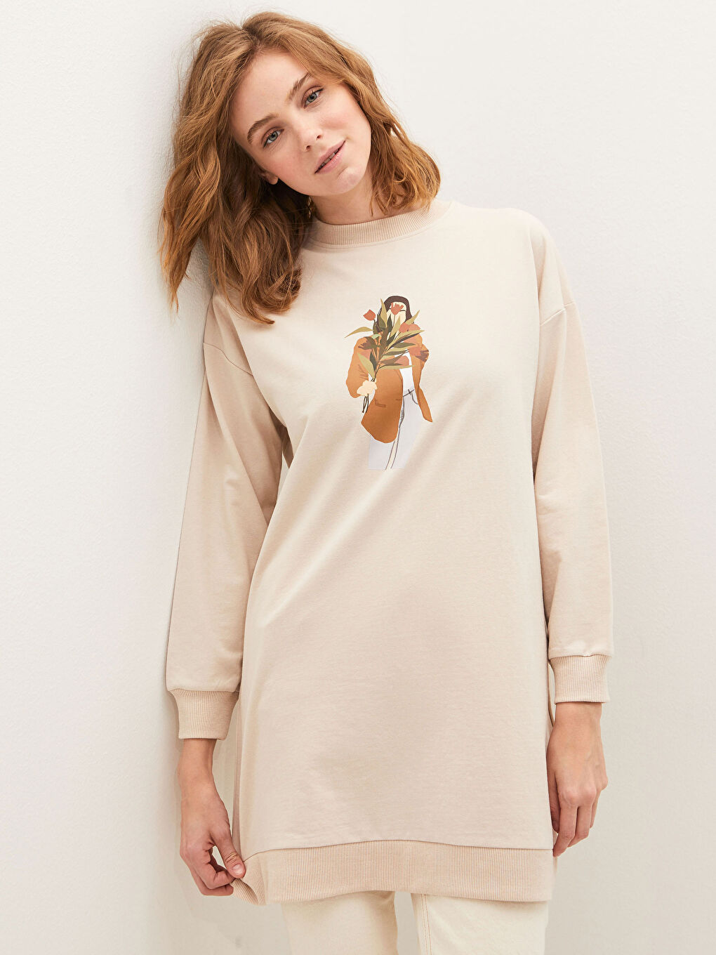 Bej Bisiklet Yaka Baskılı Uzun Kollu Kadın Sweatshirt Tunik-4