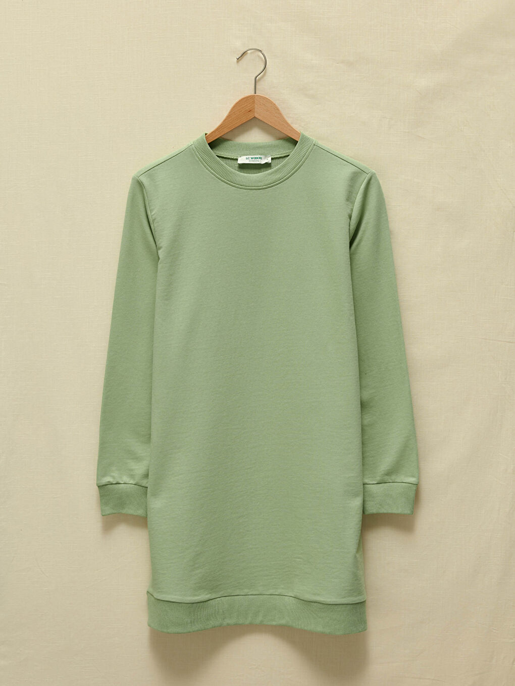 Yeşil Bisiklet Yaka Düz Uzun Kollu Kadın Sweatshirt Tunik-5