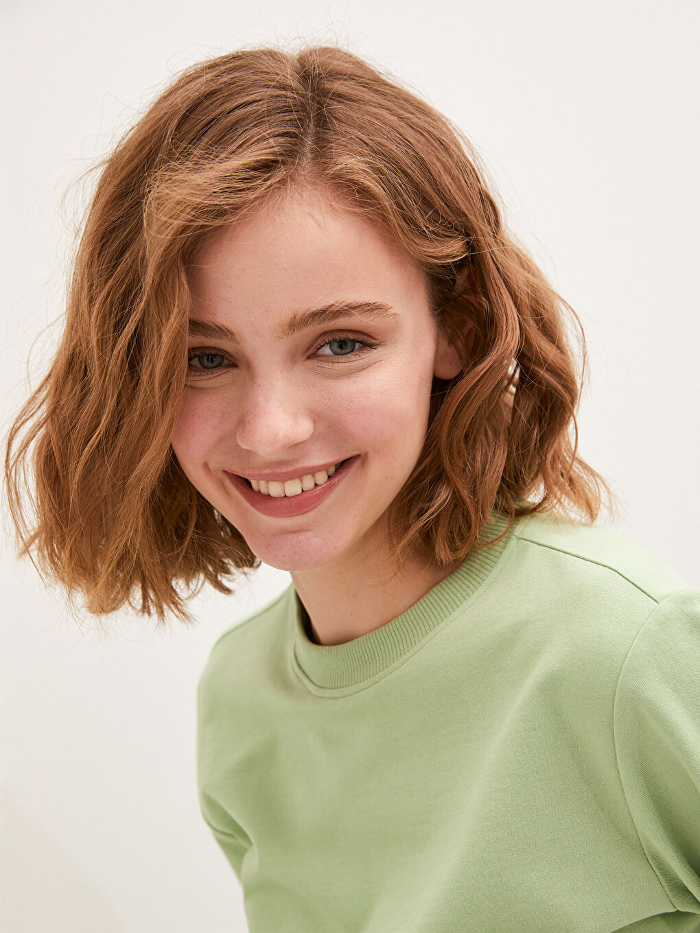 Yeşil Bisiklet Yaka Düz Uzun Kollu Kadın Sweatshirt Tunik-3