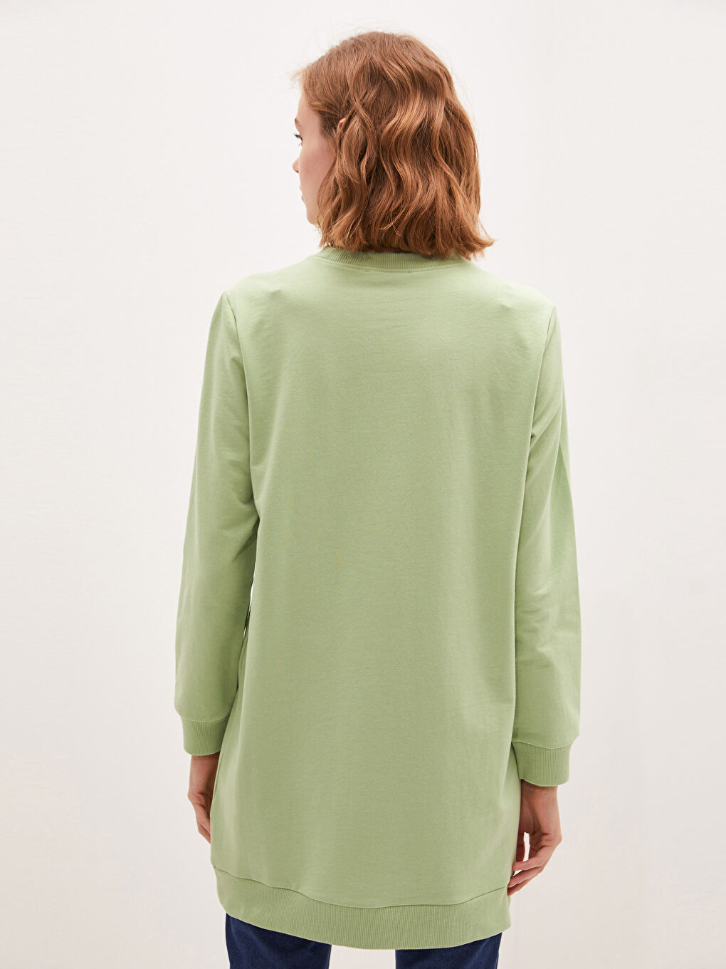 Yeşil Bisiklet Yaka Düz Uzun Kollu Kadın Sweatshirt Tunik-4