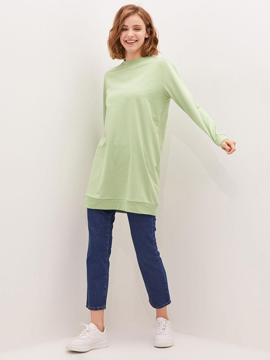 Yeşil Bisiklet Yaka Düz Uzun Kollu Kadın Sweatshirt Tunik