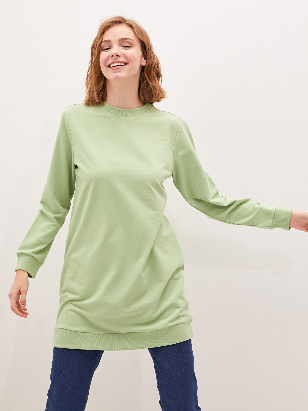 Yeşil Bisiklet Yaka Düz Uzun Kollu Kadın Sweatshirt Tunik-2