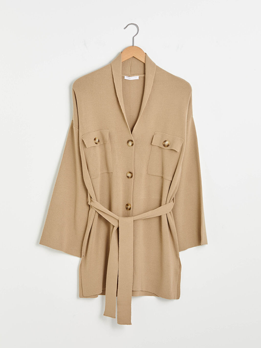 كارديغان نساء كم طويل بالتفاصيل جيوب بحزام الخصر وياقة شال-8