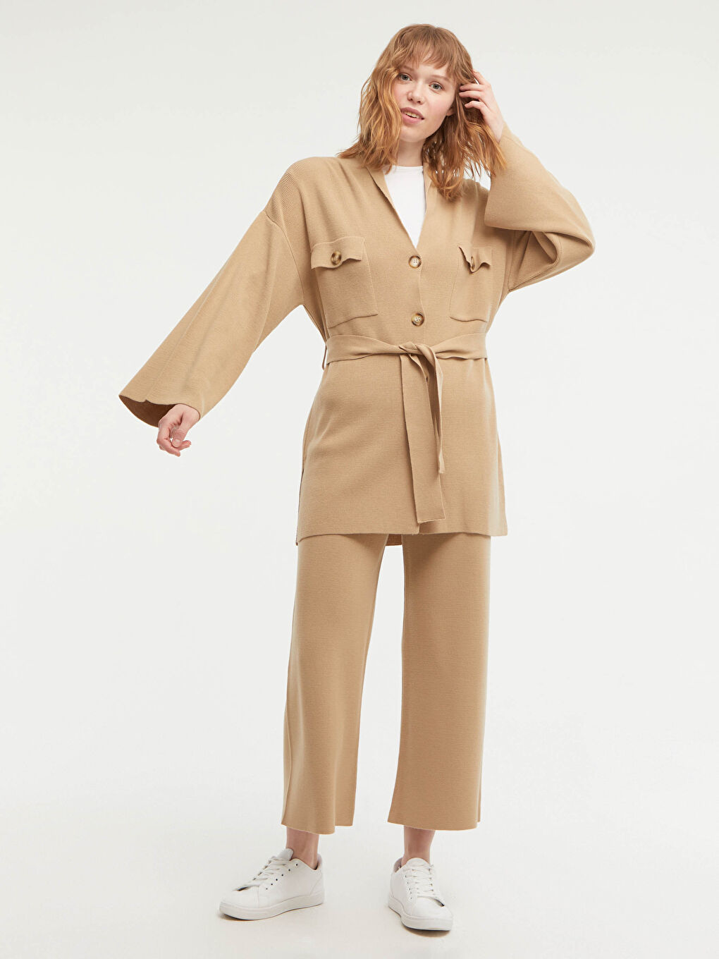 كارديغان نساء كم طويل بالتفاصيل جيوب بحزام الخصر وياقة شال-4