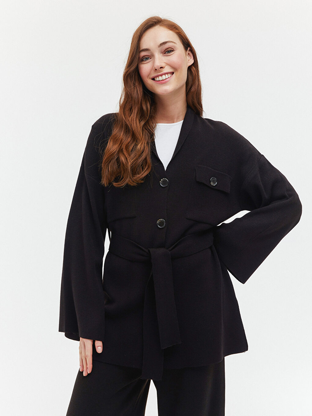 Shawl Collar Waist Belted Pocket Detailed long Sleeve Women's  Cardigan-4