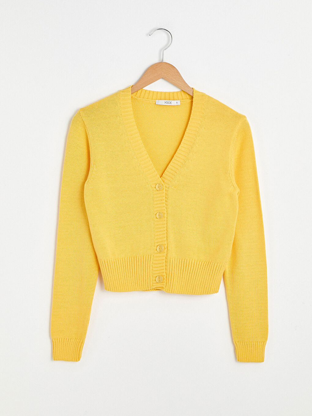 Sarı V Yaka Düğme Kapamalı Uzun Kollu Kadın Triko Hırka-5