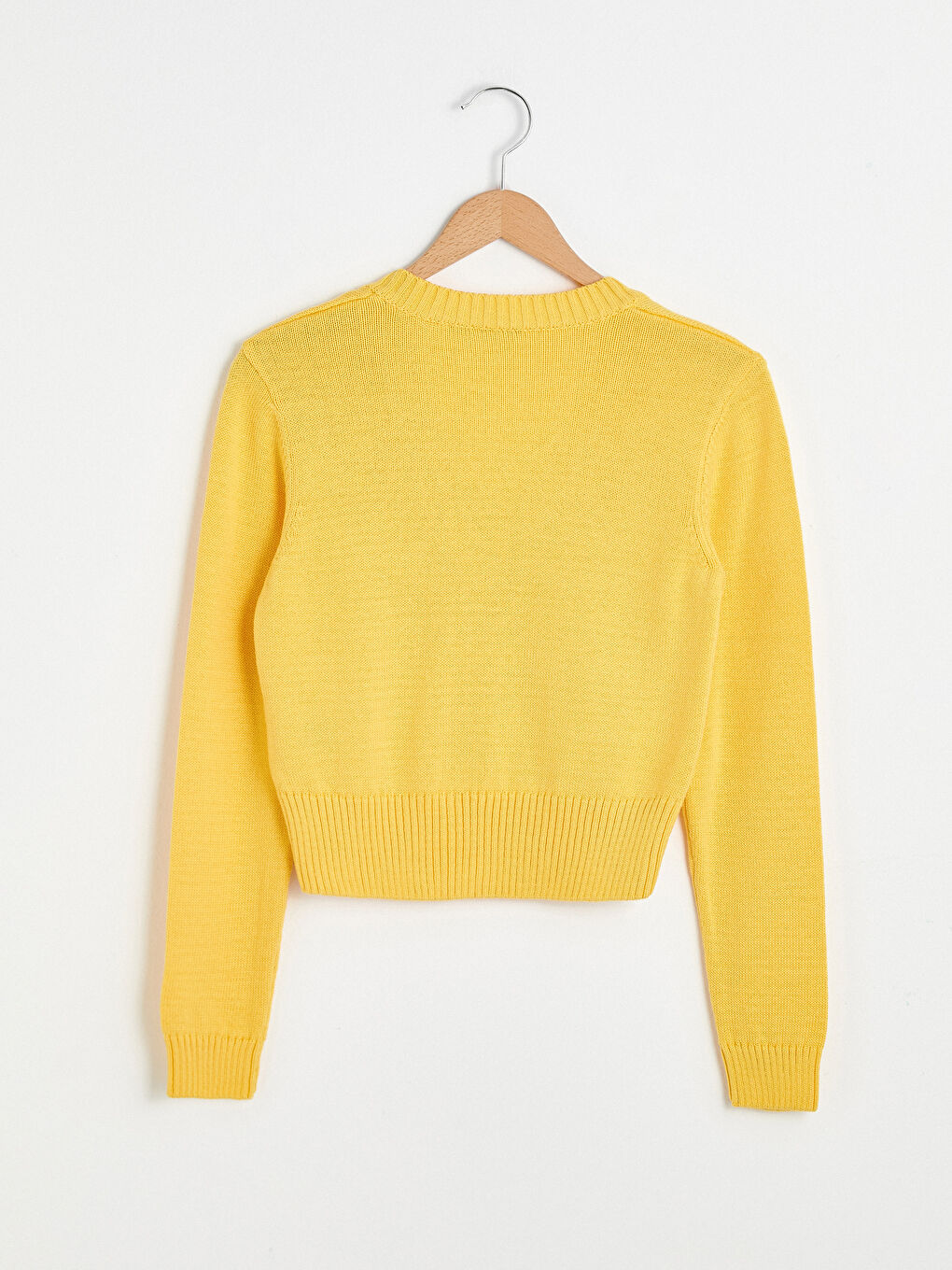 Sarı V Yaka Düğme Kapamalı Uzun Kollu Kadın Triko Hırka-6