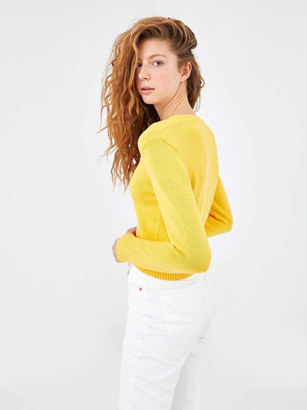 Sarı V Yaka Düğme Kapamalı Uzun Kollu Kadın Triko Hırka-4