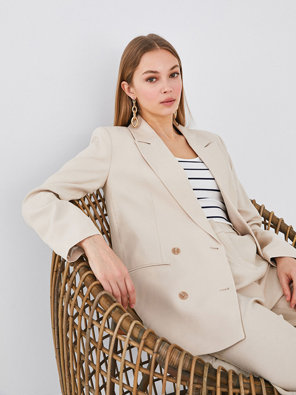 Button Detailed Woven Blazer Jacket-13