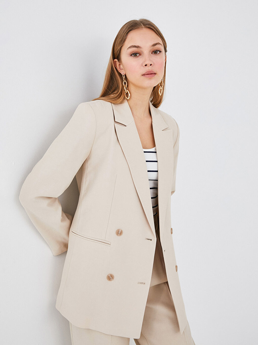 Button Detailed Woven Blazer Jacket-7