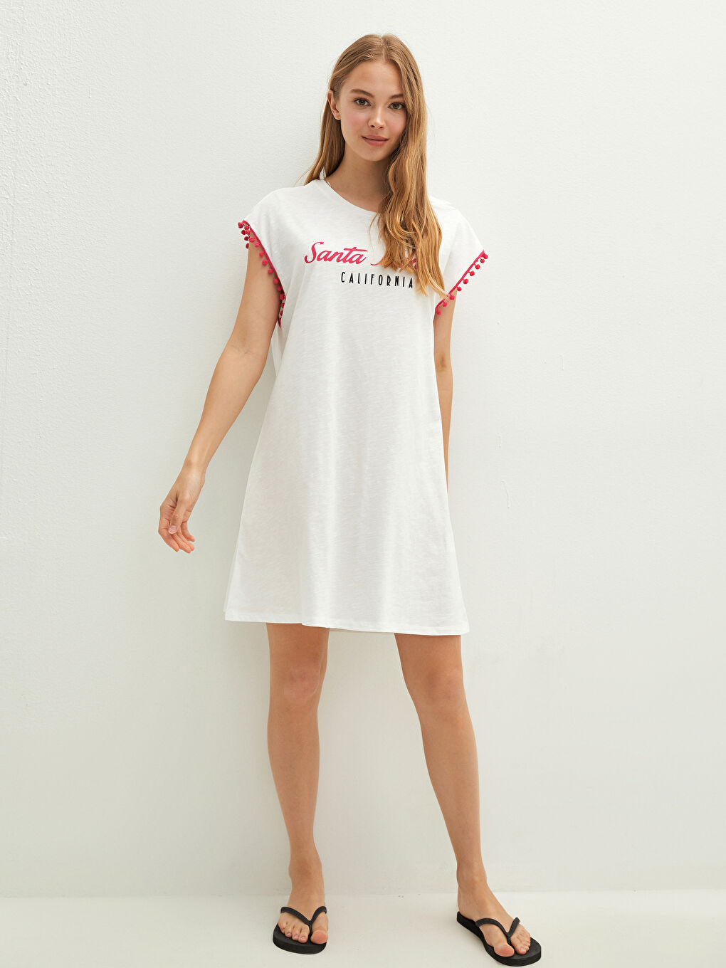 Rochie de Plajă pentru Femei din Bumbac cu Imprimeu, Guler Rotund și Detalii cu Ciucuri-3