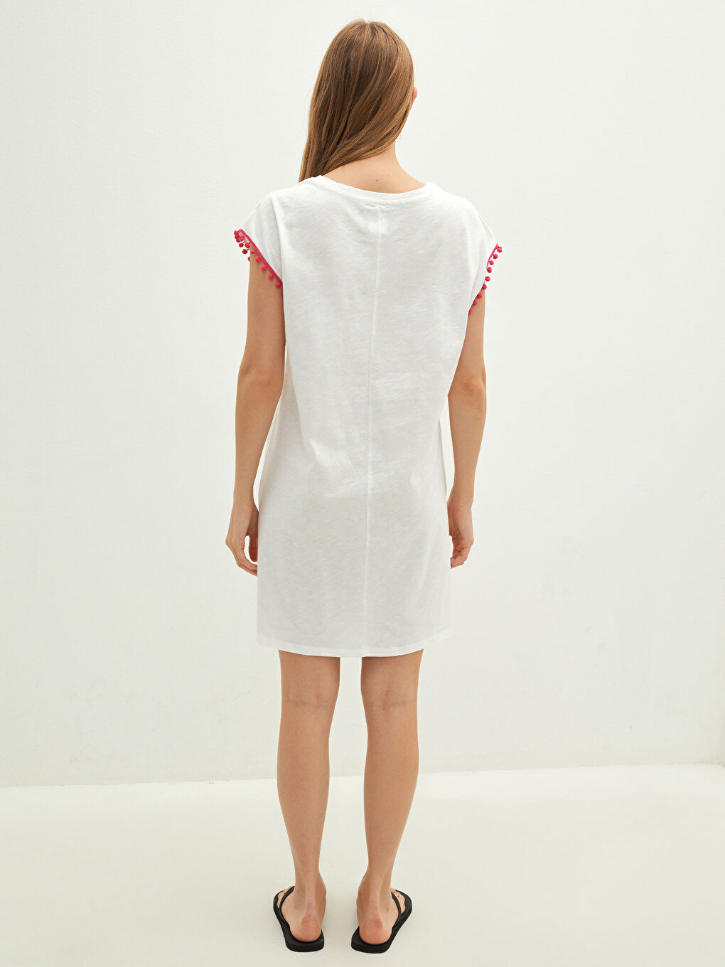 Rochie de Plajă pentru Femei din Bumbac cu Imprimeu, Guler Rotund și Detalii cu Ciucuri-4